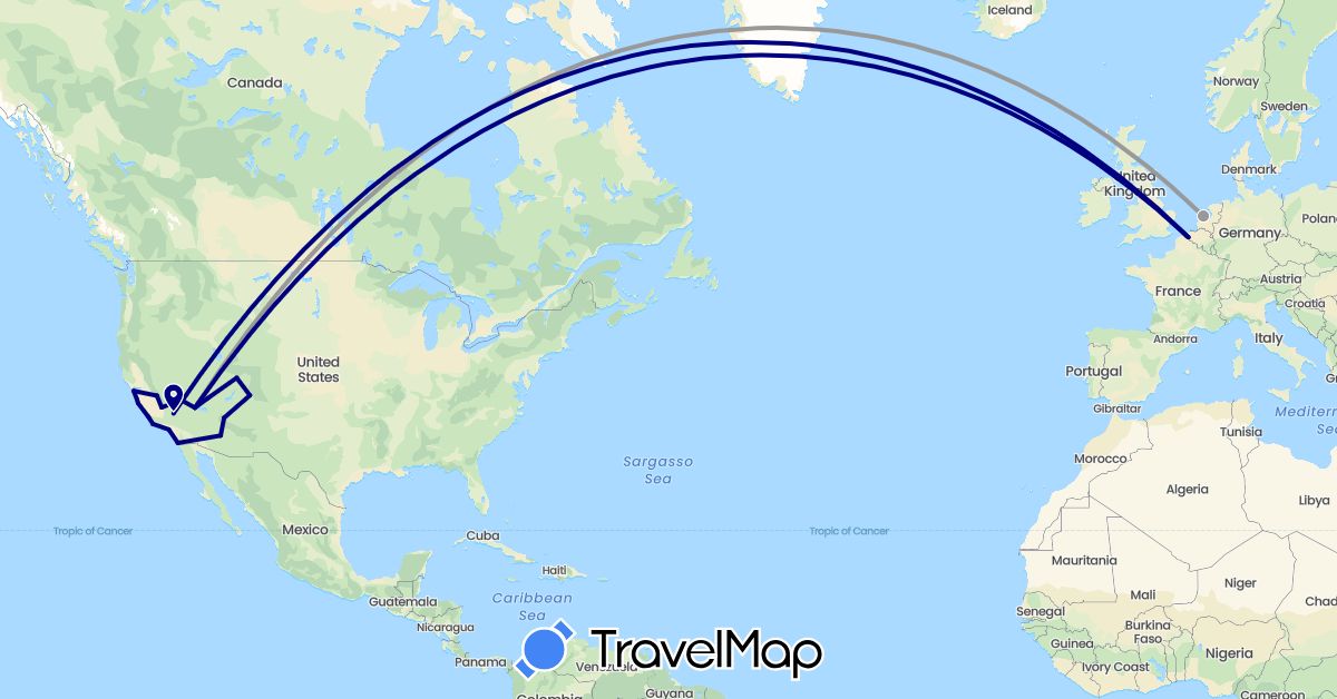 TravelMap itinerary: driving, plane in Belgium, Netherlands, United States (Europe, North America)